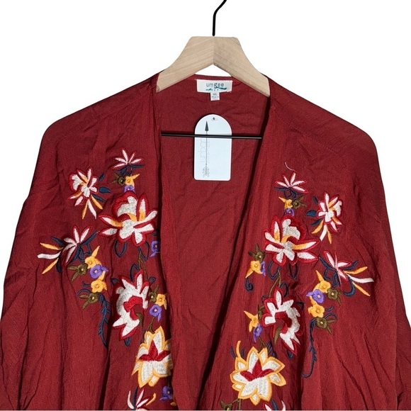Umgee Red Floral Scalloped Trim Boho Quarter Sleeves Cardigan Womens - Size M/L - Picture 3 of 7